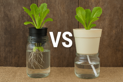 Side-by-side Kratky and Wick hydroponic setups with leafy greens